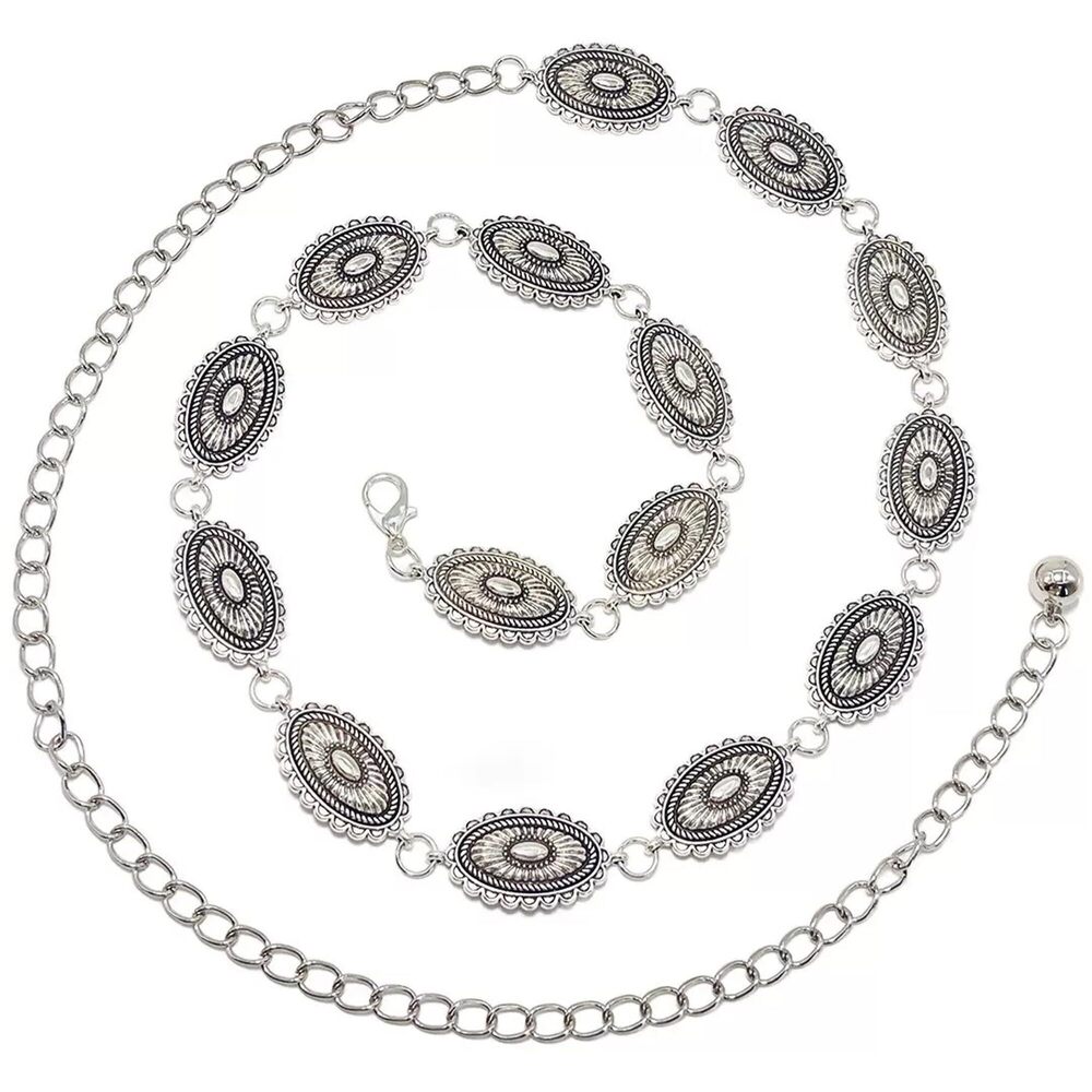 9986 Western Oval Concho Chain Belt For Women Metal Waist